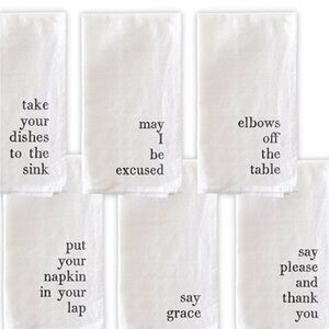 White Cotton Fabric set of 6 Napkins. With funny sayings. Will make you laugh 😆